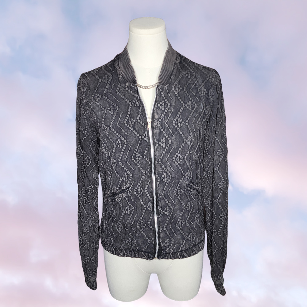 Angie Full Zip Bomber Jacket Boho Hippie Textured Washed Black Womens Sz Large